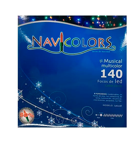 Luz Navidad 140L Led Musical Colores Cable Verde Navicolors