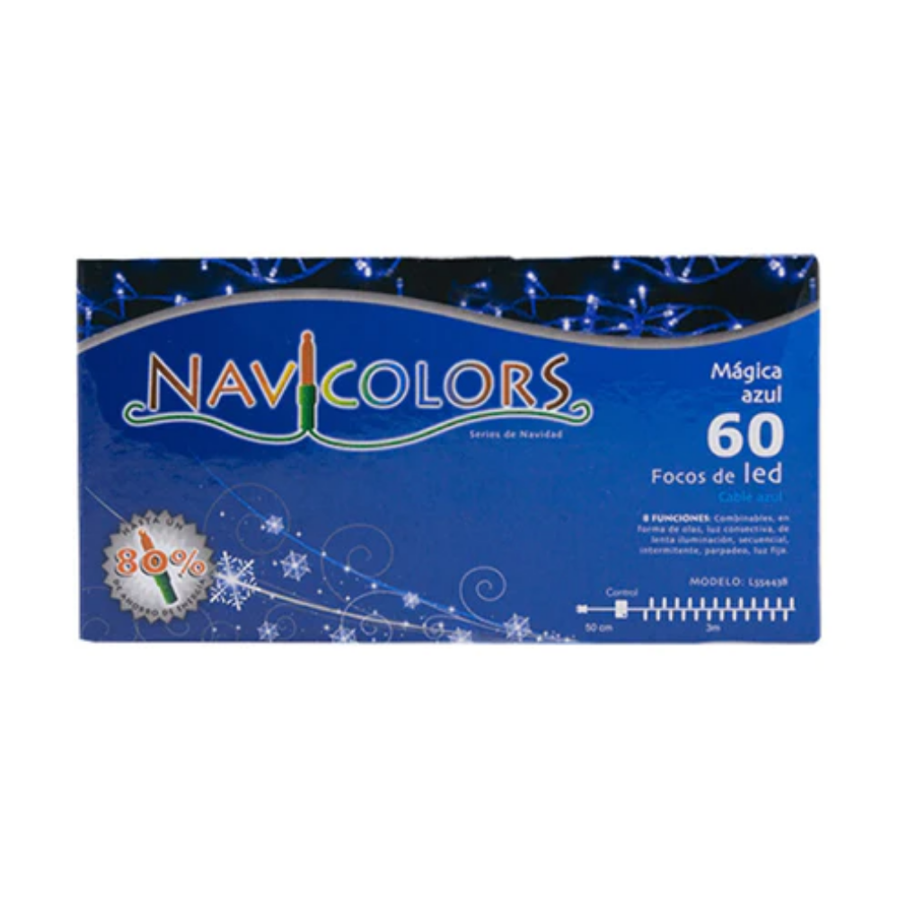 Luz Navidad 60L Led Azul Cable Azul Navicolors