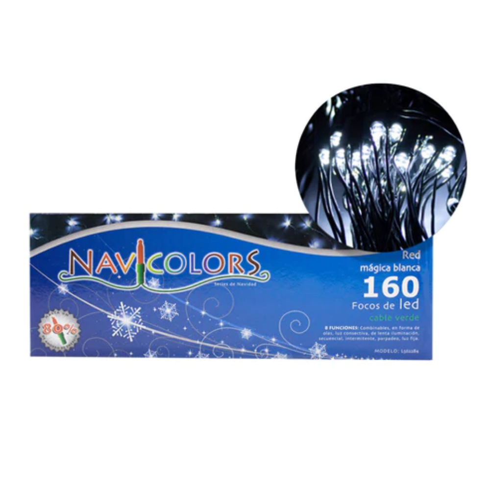 Luz Navidad 160L Led Red Blanca Cable Verde Navicolors