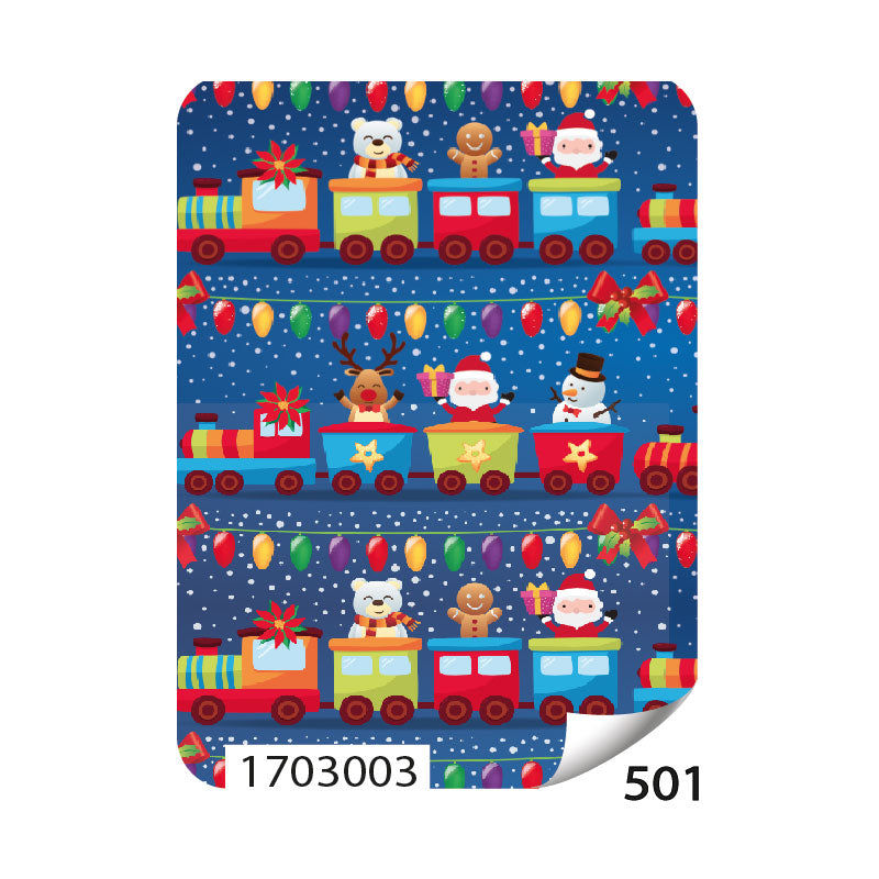 Papel de Regalo Navideño Azul Tren Personajes 75 grs Paquete/25 pzas