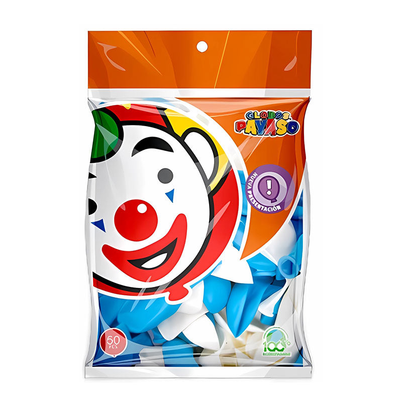 Globos Bicolor #9 Blanco Nieve / Azul 50 pzas Payaso Fasemex